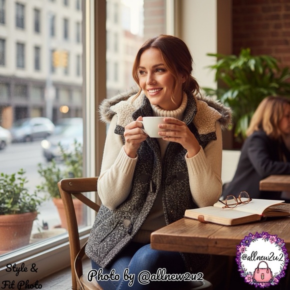 Mossimo Fleece Lined Collar Hood Vest Faux Fur Trim Black Gray Charcoal - Picture 2 of 13